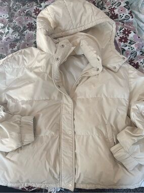 Women's Hooded Cream Puffer Jacket